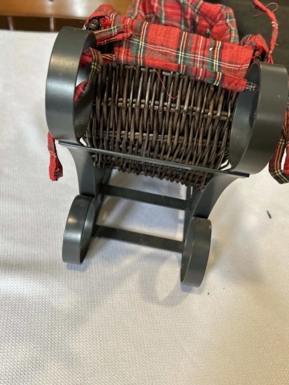 Rustic Wicker Sleigh Basket with Red Plaid Liner Metal Runners